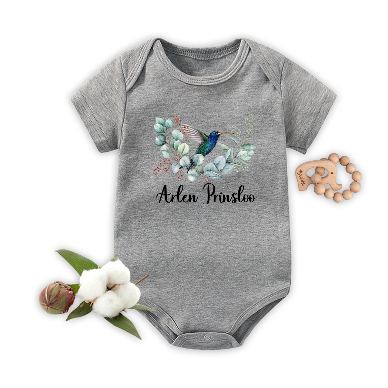 Personalized Hummingbird & Flowers Baby Bodysuit
