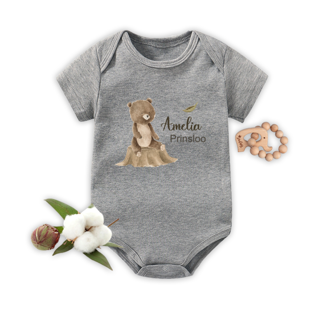 Personalized Bear Cub Sitting On Tree Stump Baby Bodysuit