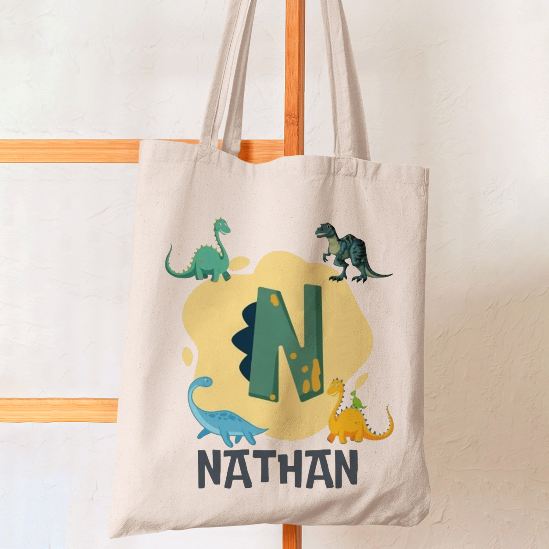 Personalized Dinosaur Kids Name School Tote Bag