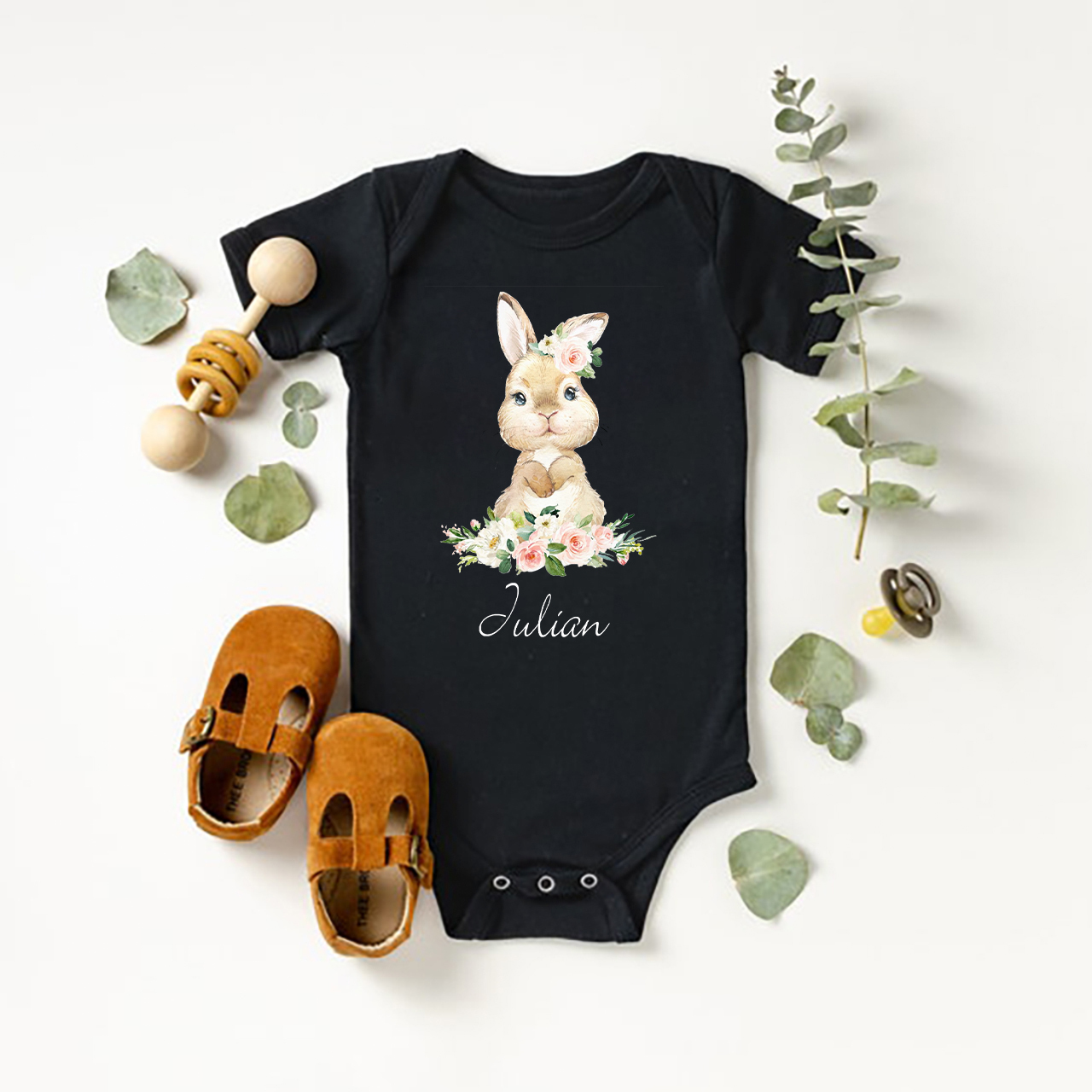 Personalized Cute Rabbit And Pink Flowers Baby Bodysuit