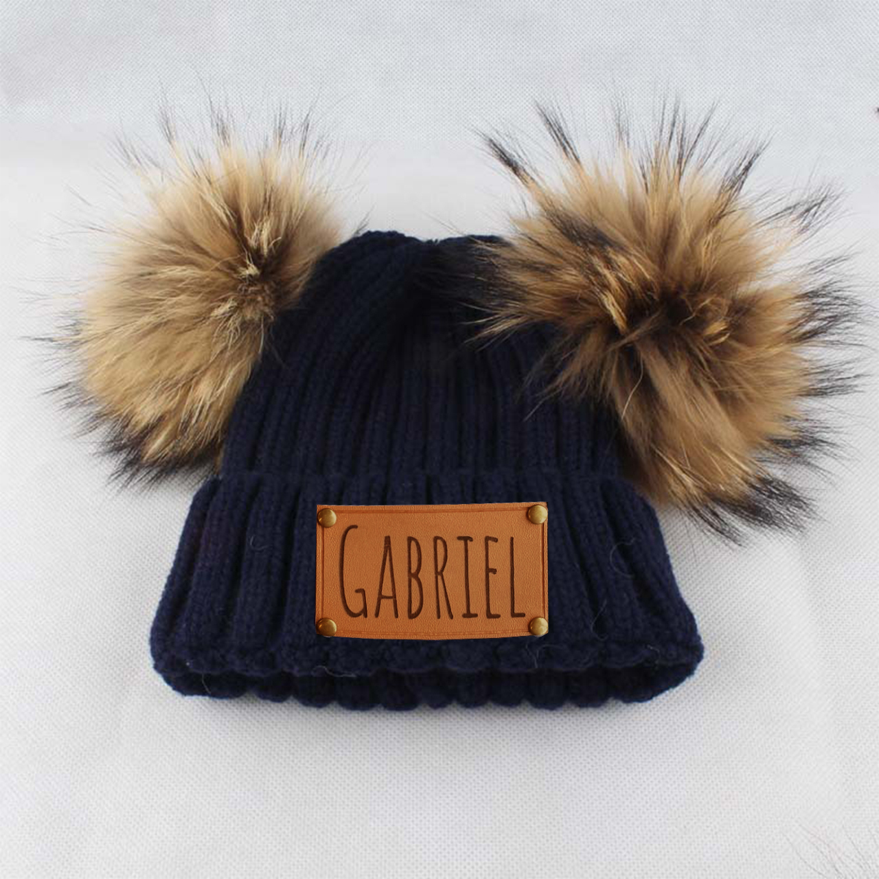 Vegan Leather Patch Double PomPom Hat 