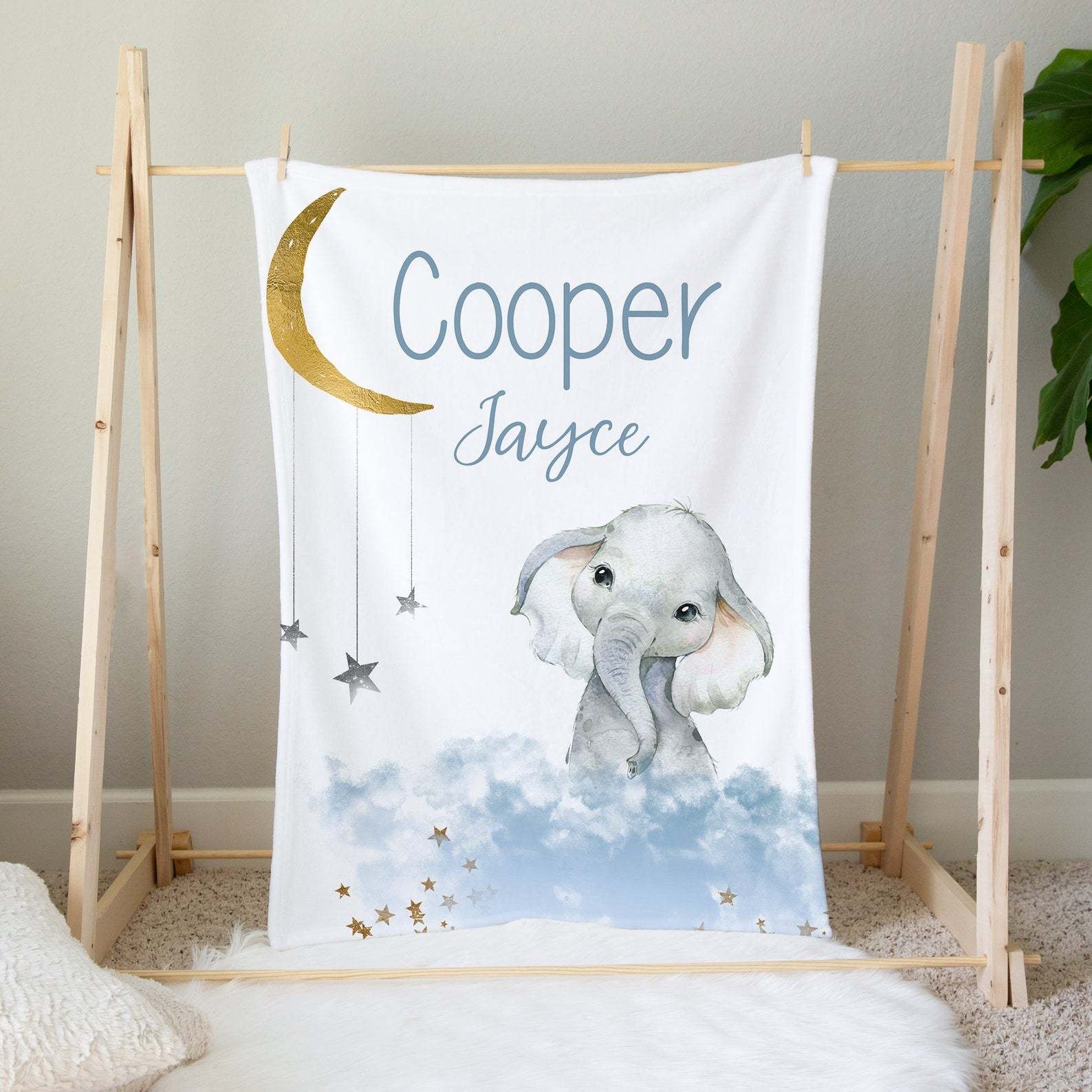 Personalized Blue Elephant Baby Flannel Blanket