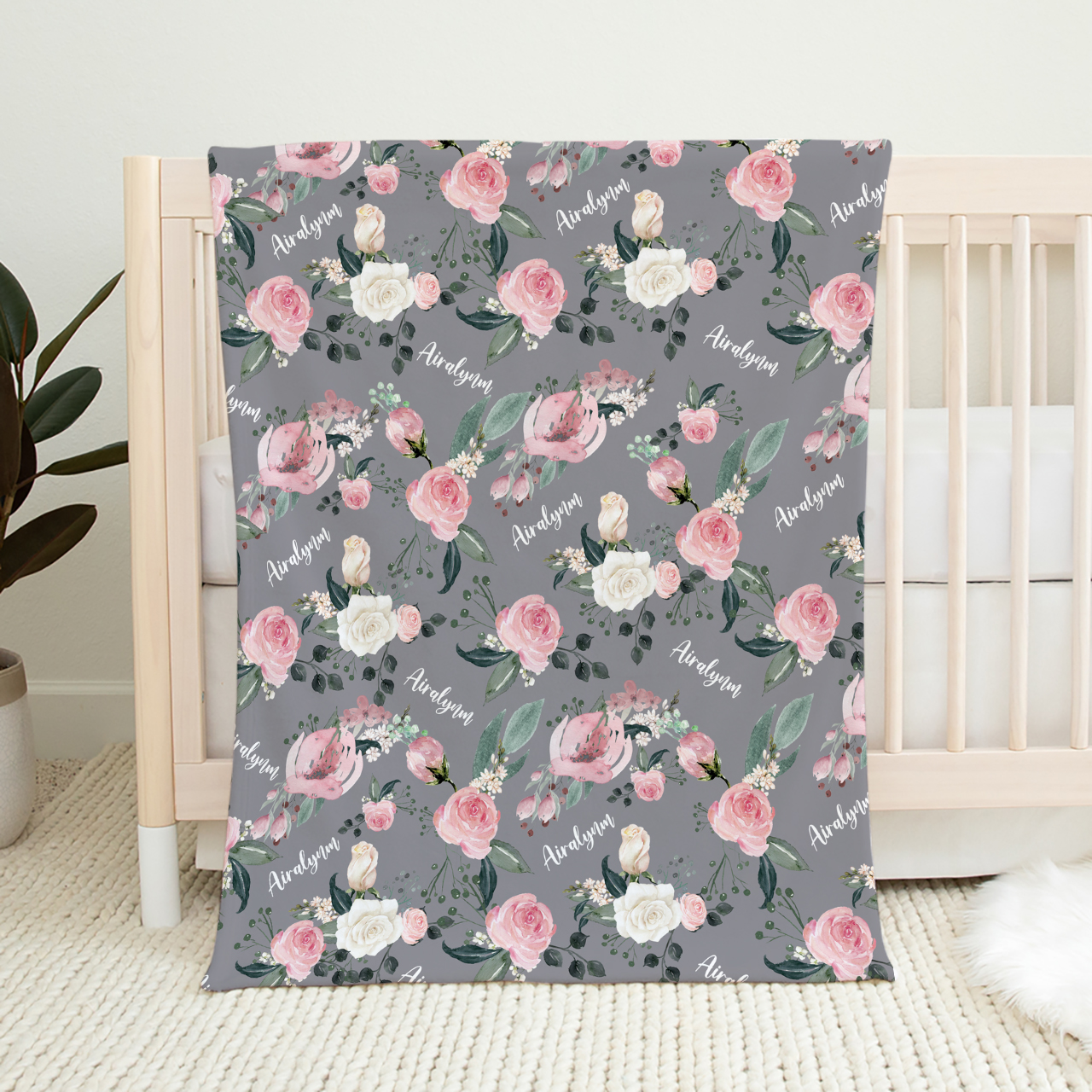 Grey Flowers Personalized Baby Flannel Blanket