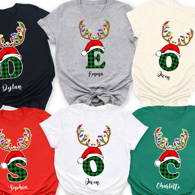 Personalized Antlers Hat Monogrammed Family Christmas Shirts