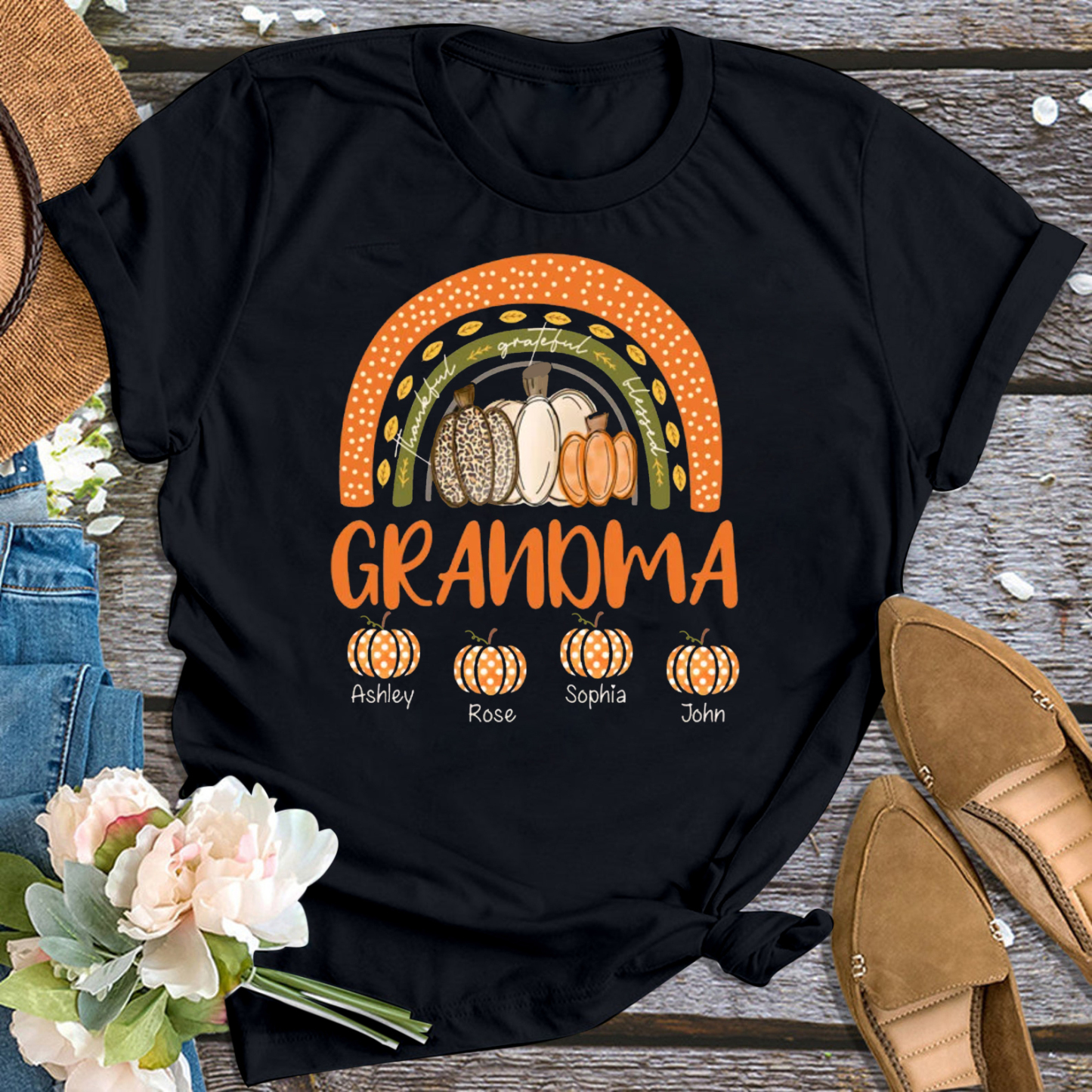 Three Pumpkins Thanksgiving Personalized Grandma Shirt 