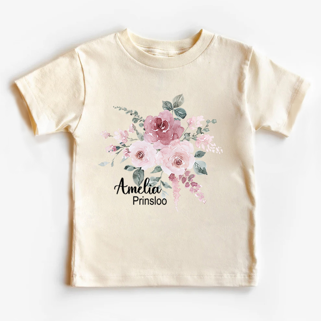 Personalized Pink Flower Cluster Kids Name T-Shirt