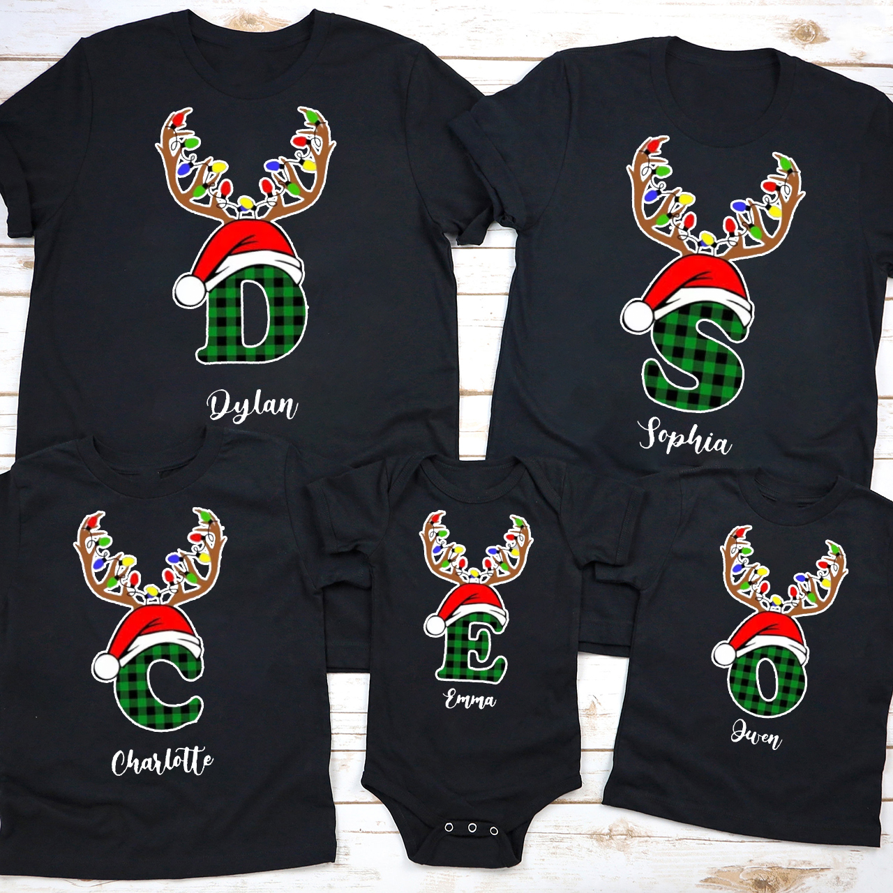 Personalized Antlers Hat Monogrammed Family Christmas Shirts