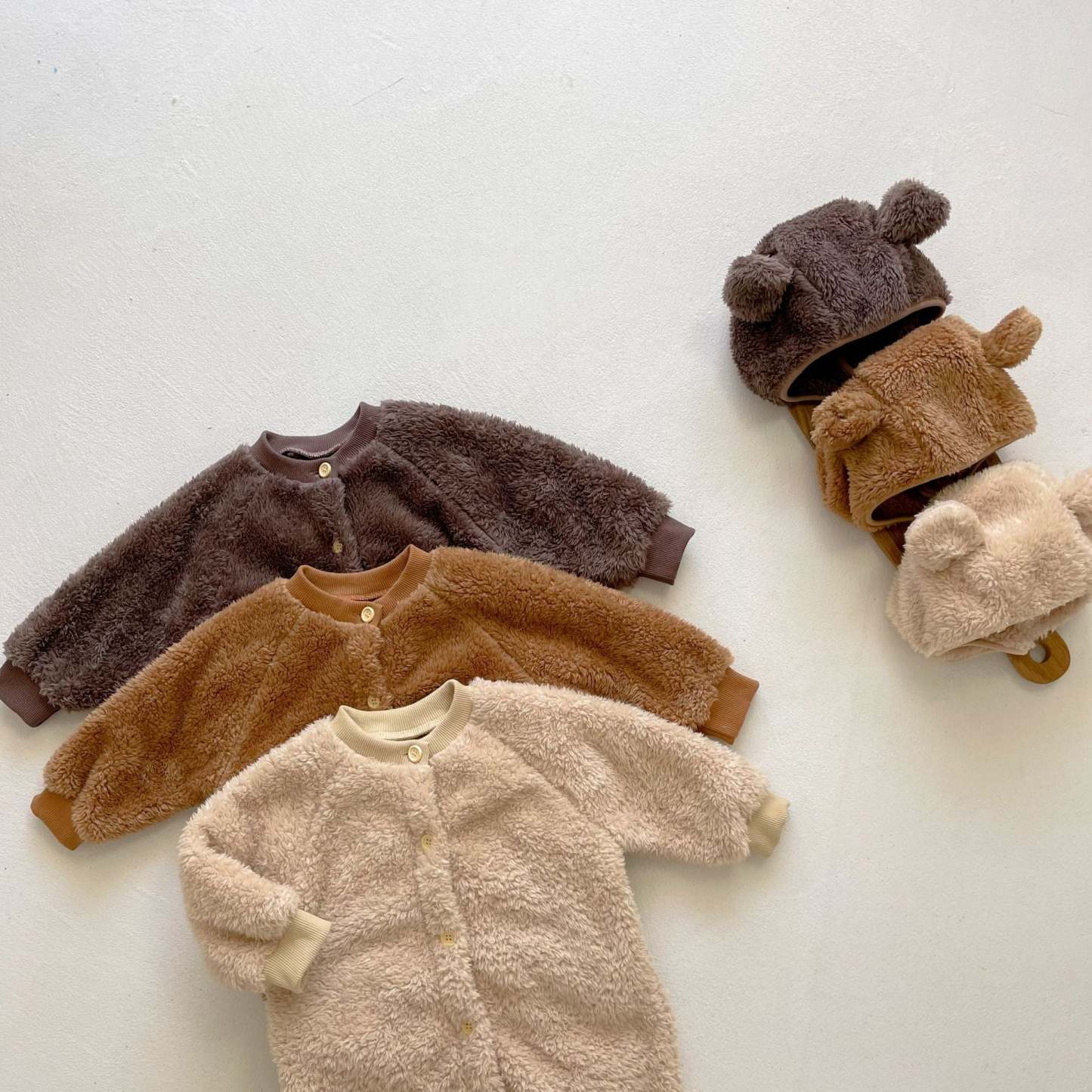 3 Colors Baby Fluffy Winter Romper With Bear Ears Hat