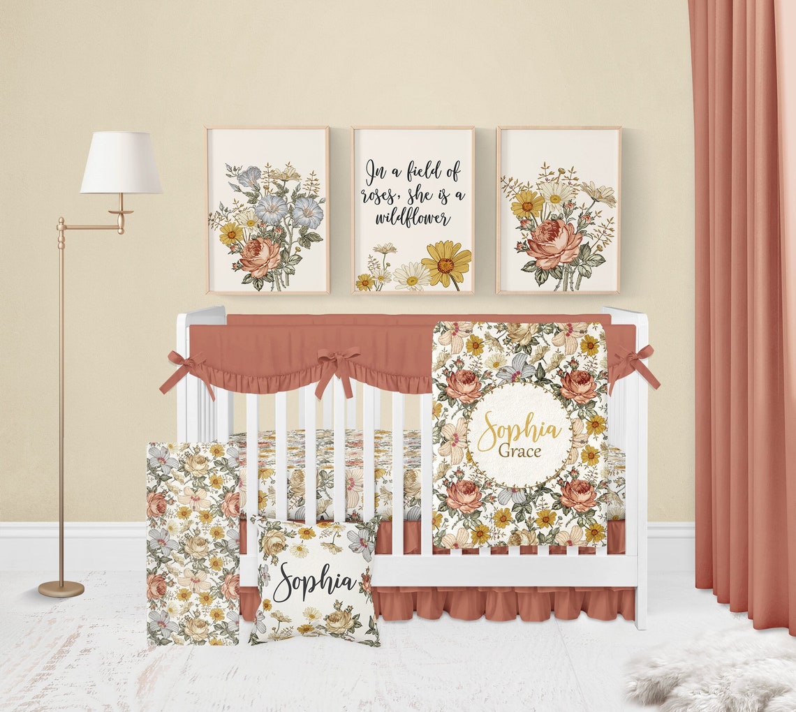 Personalized Rust Mustard Vintage Floral Baby Flannel Blanket