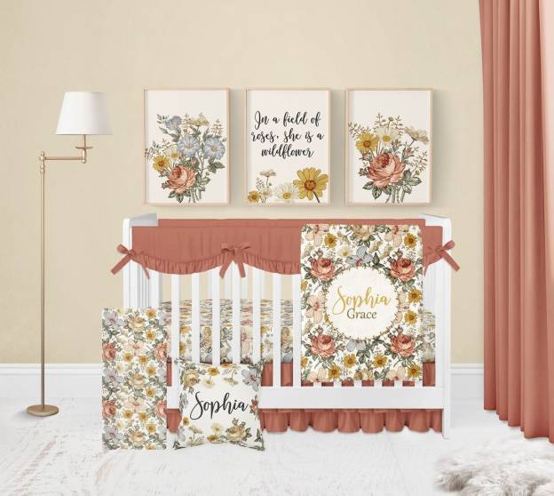 Personalized Rust Mustard Vintage Floral Baby Flannel Blanket