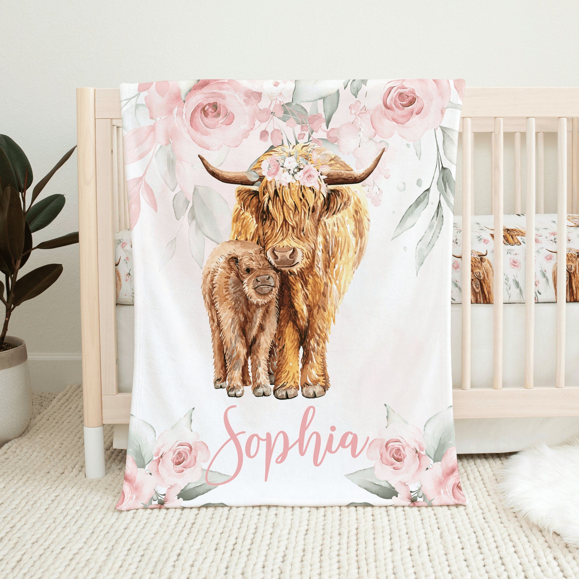 Personalized Highland Cow Pink Floral Baby Flannel Blanket