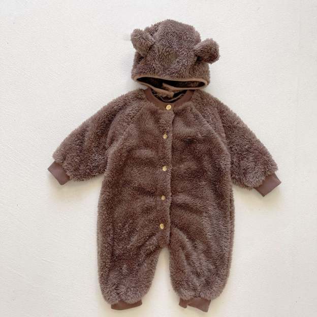 3 Colors Baby Fluffy Winter Romper With Bear Ears Hat