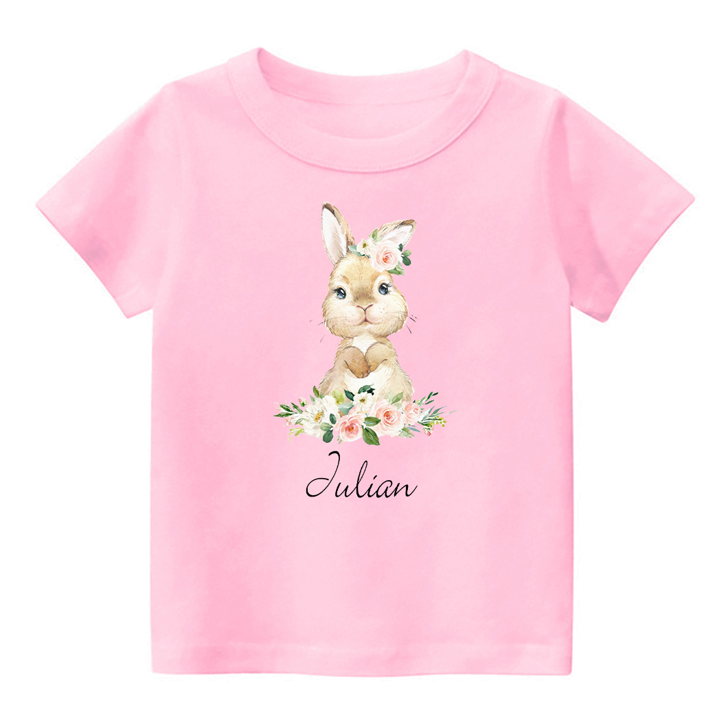 Personalized Cute Rabbit And Pink Flowers Kids T-Shirt