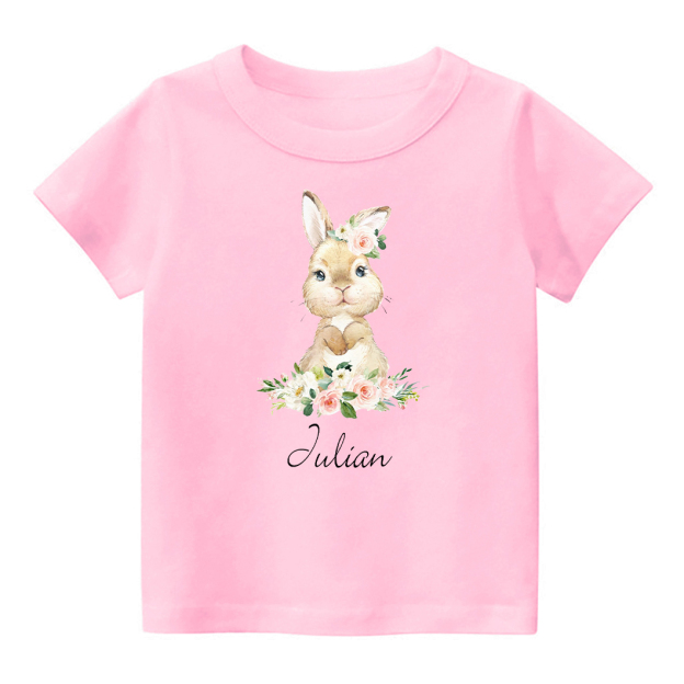 Personalized Cute Rabbit And Pink Flowers Kids T-Shirt