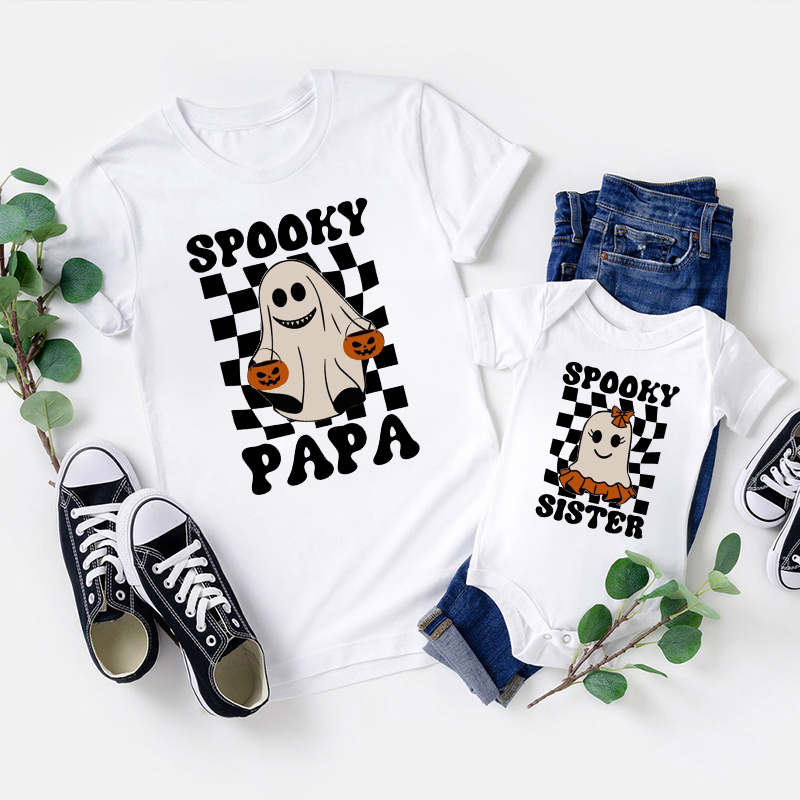 Checkerboard Pumpkin Ghost Halloween Family Matching Shirts
