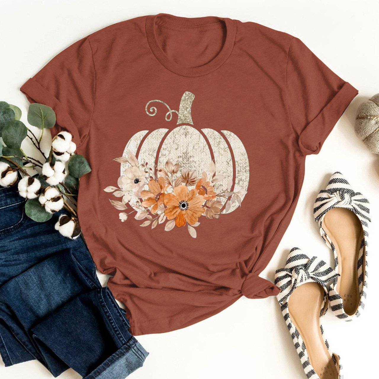 Autumn Floral Fall Pumpkin Shirt