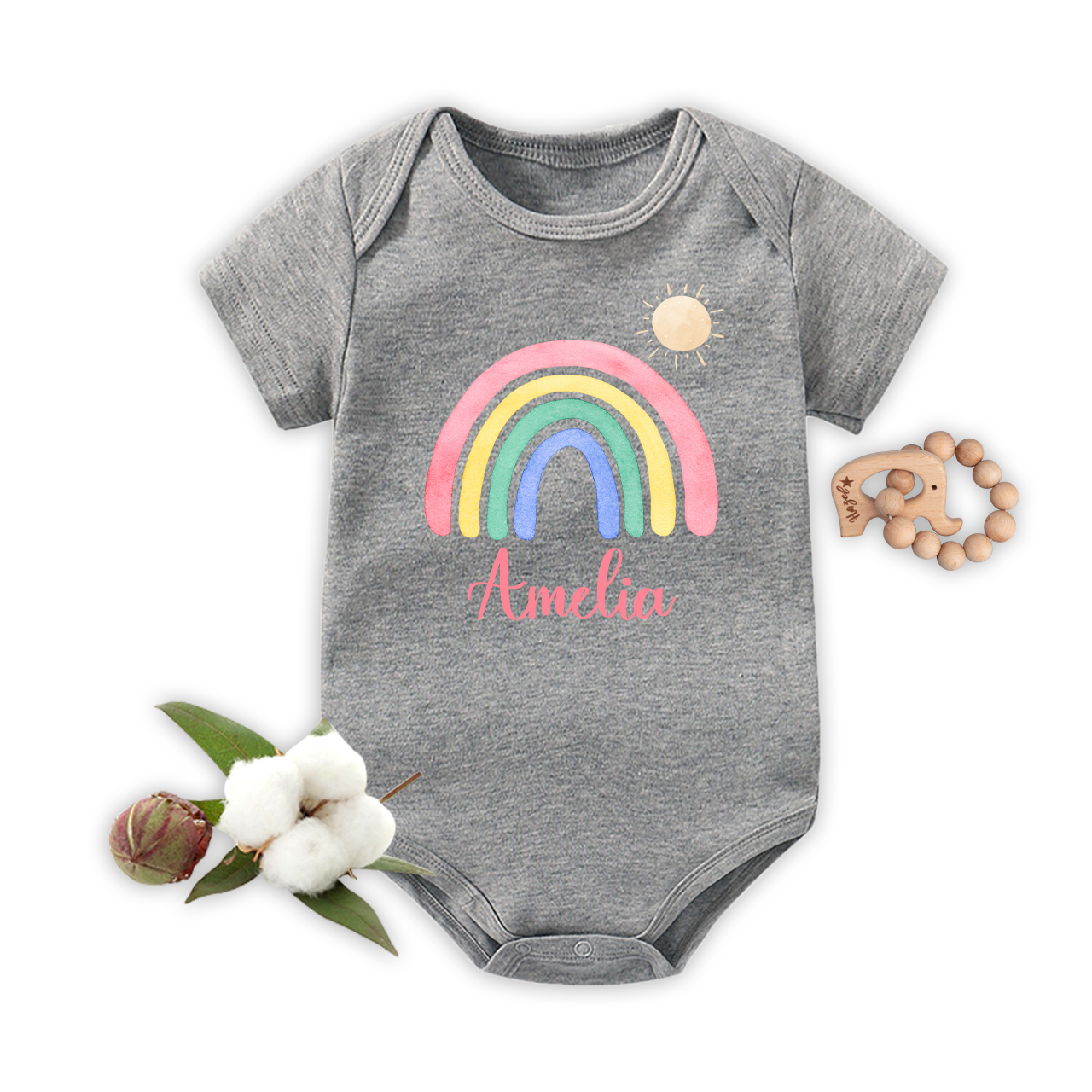 Personalized Pink Rainbow And Sun Baby Bodysuit