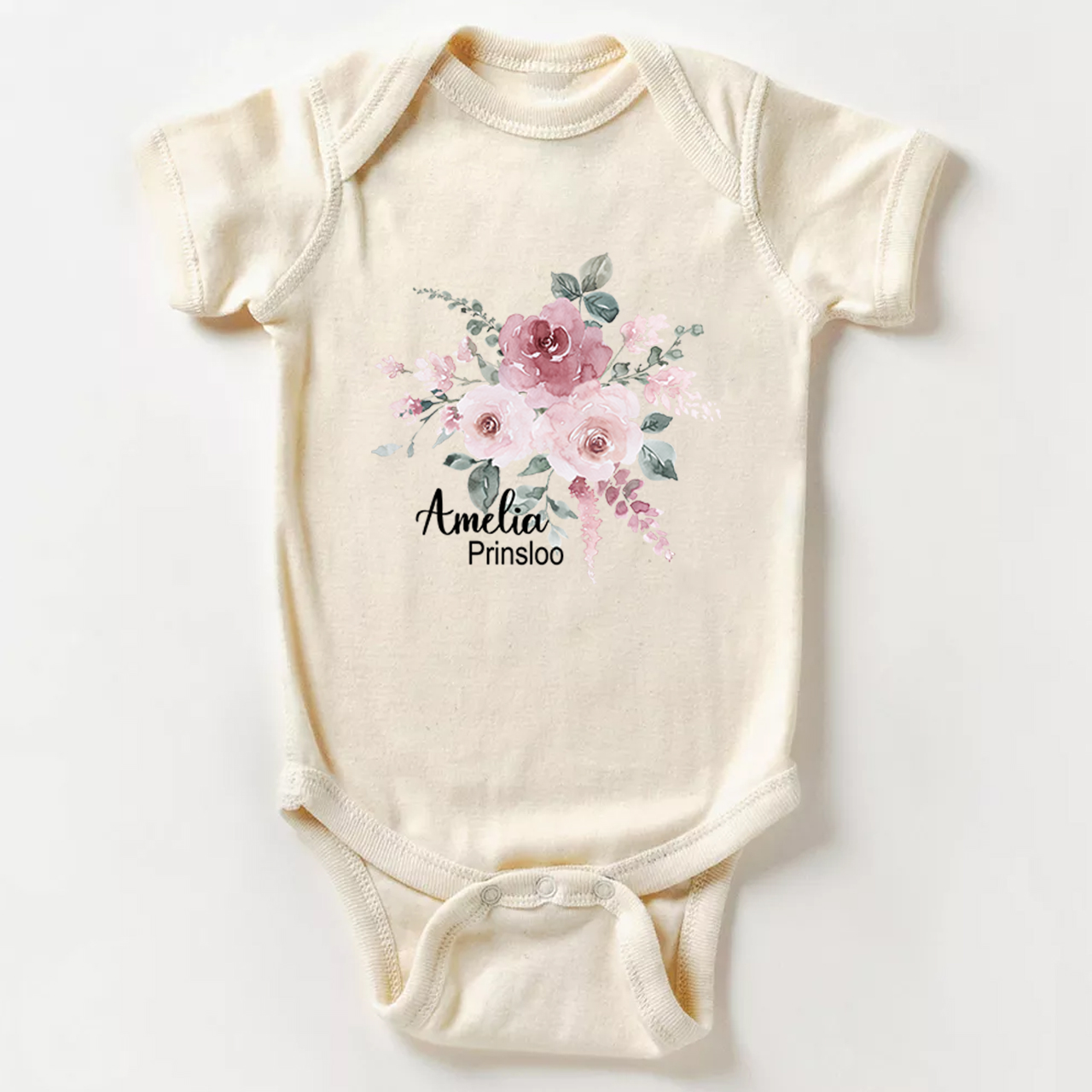 Personalized Pink Flower Cluster Baby Name Bodysuit
