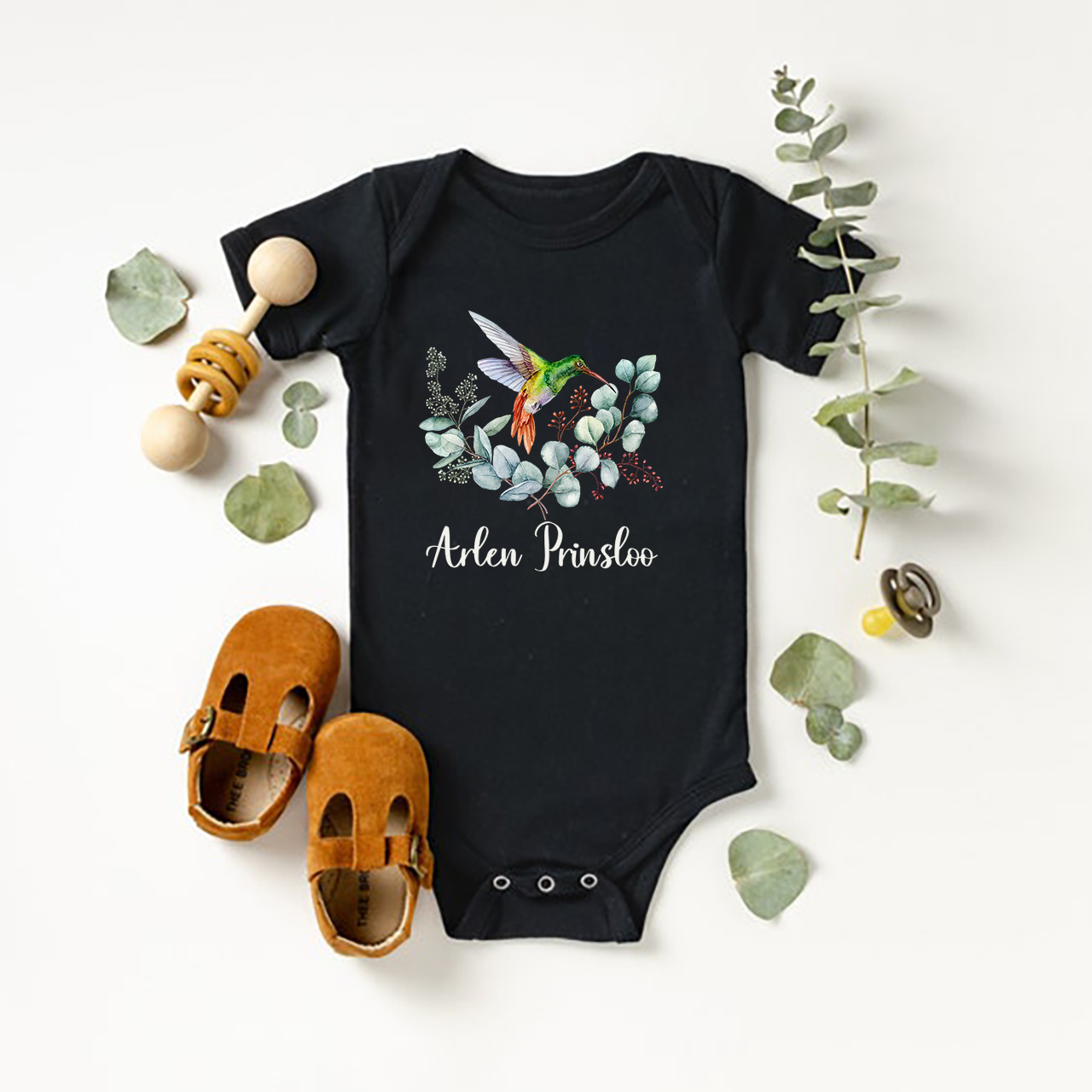Personalized Hummingbird In The Flowers Baby Name Bodysuit