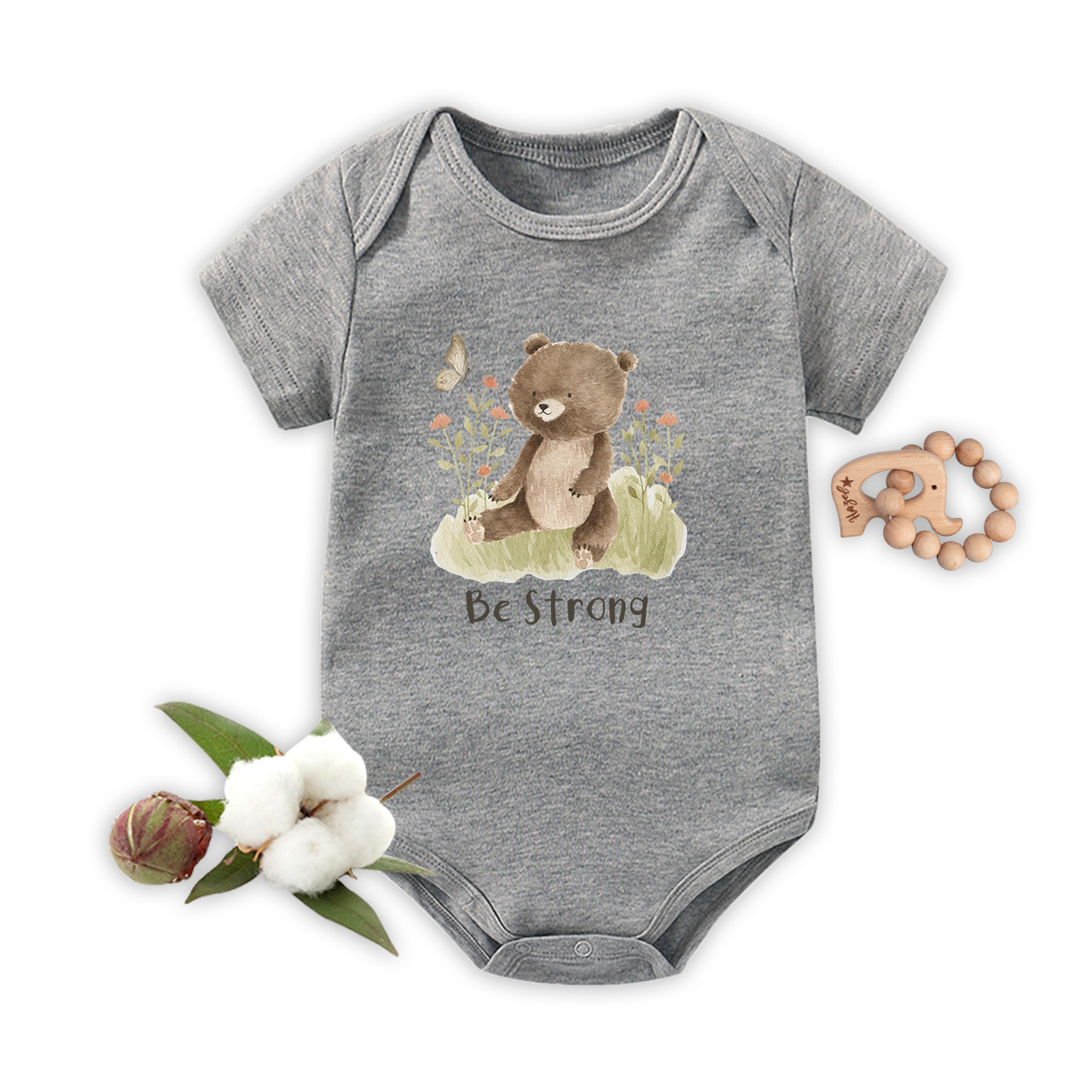 Be Strong Little Bear And Butterfly Baby Bodysuit