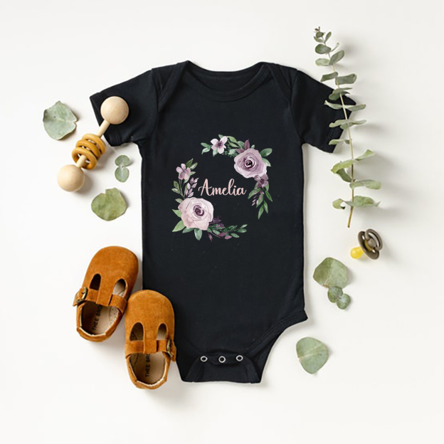 Personalized Light Purple Wreath Baby Bodysuit