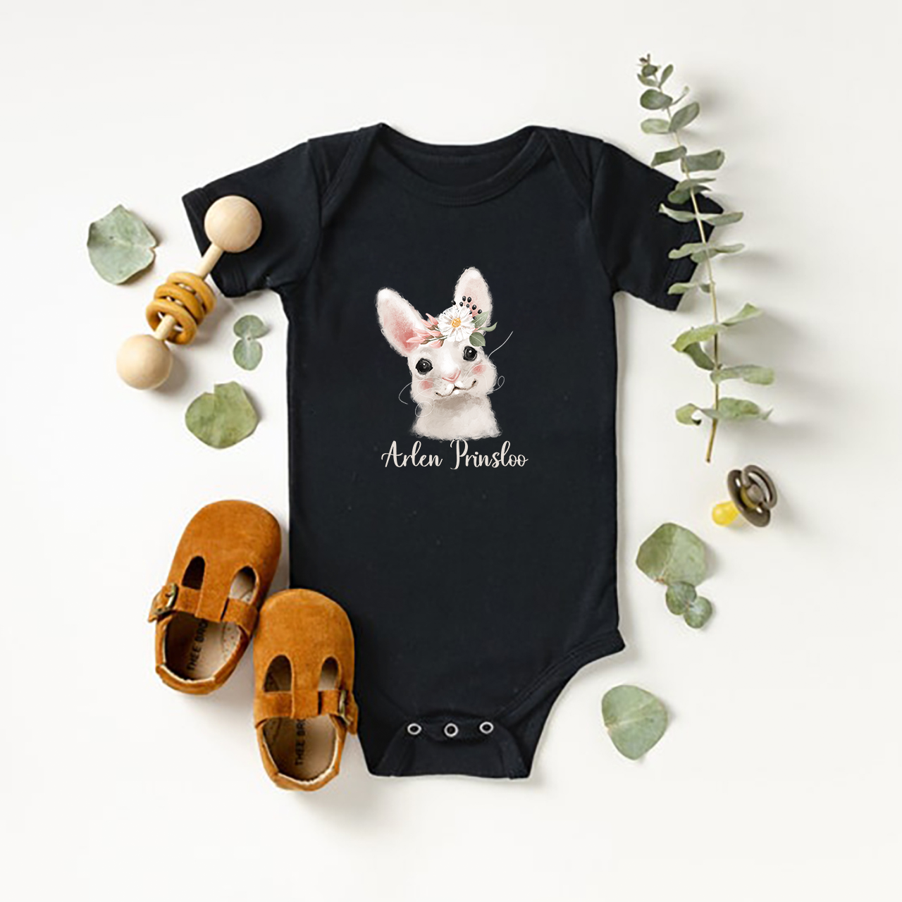 Personalized Watercolor Tilted Rabbit Baby Bodysuit