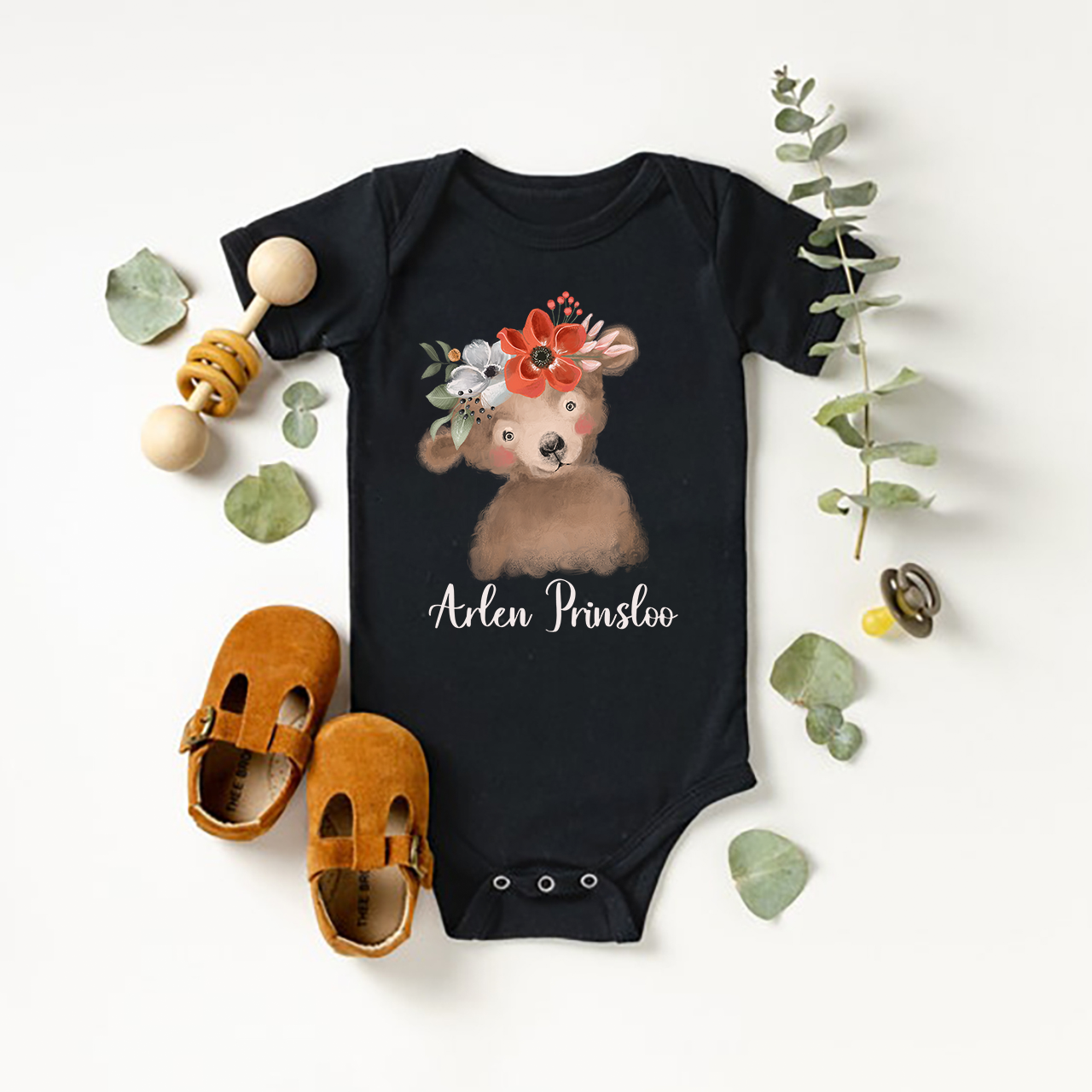 Personalized Watercolor Bear Baby Bodysuit