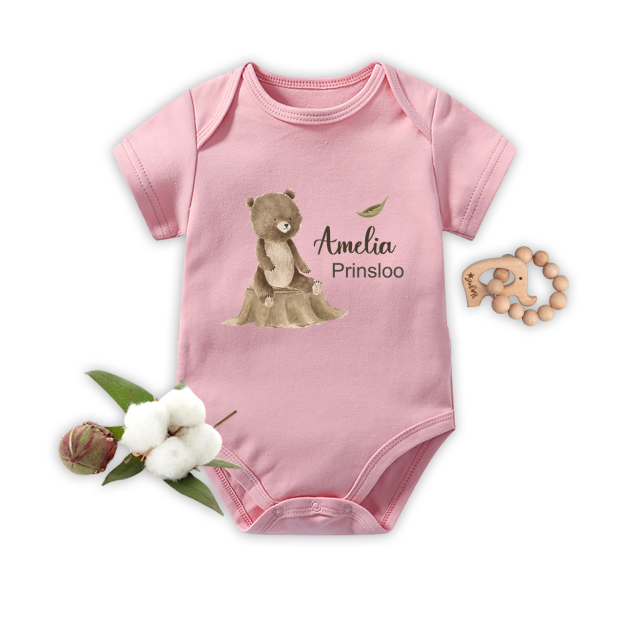 Personalized Bear Cub Sitting On Tree Stump Baby Bodysuit