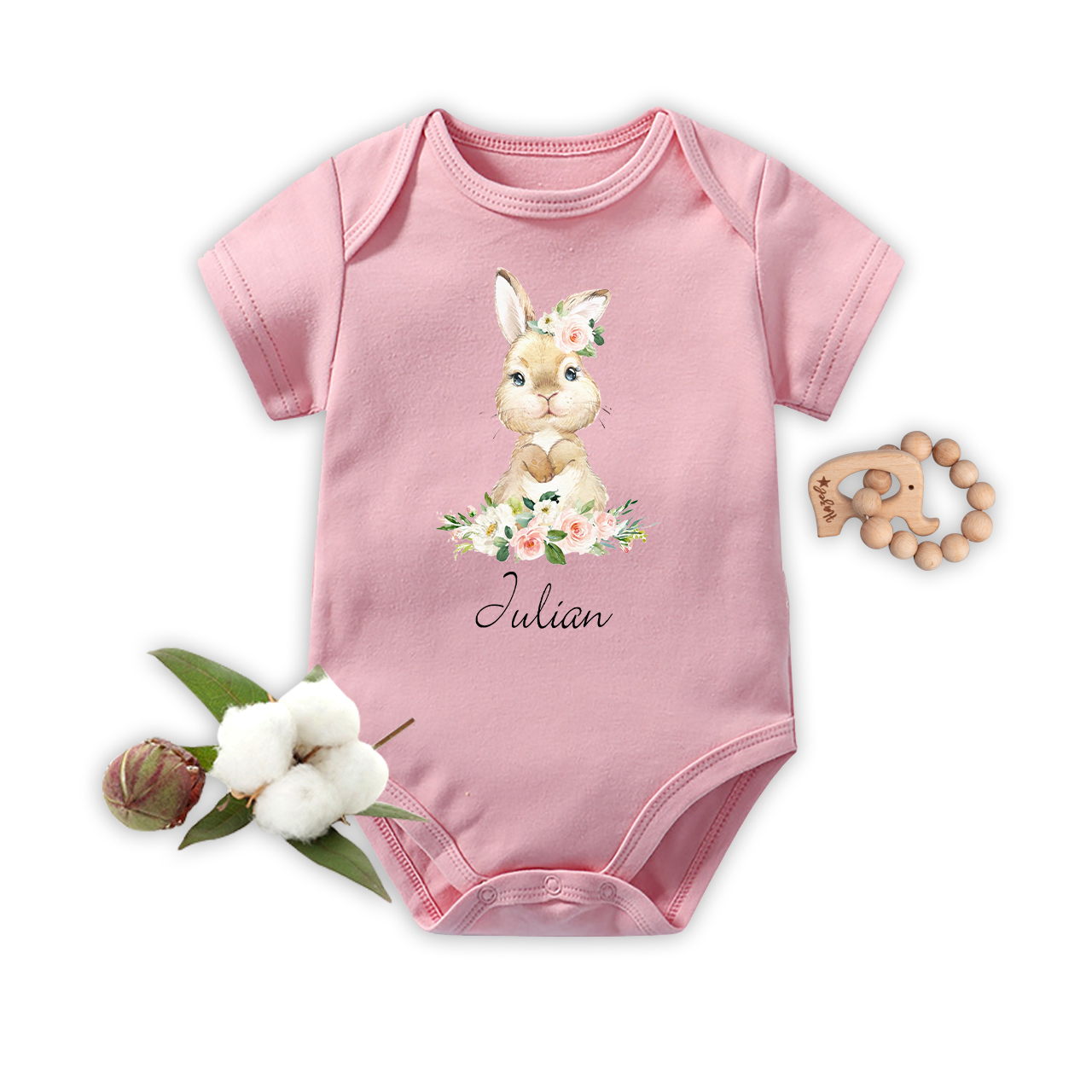 Personalized Cute Rabbit And Pink Flowers Baby Bodysuit