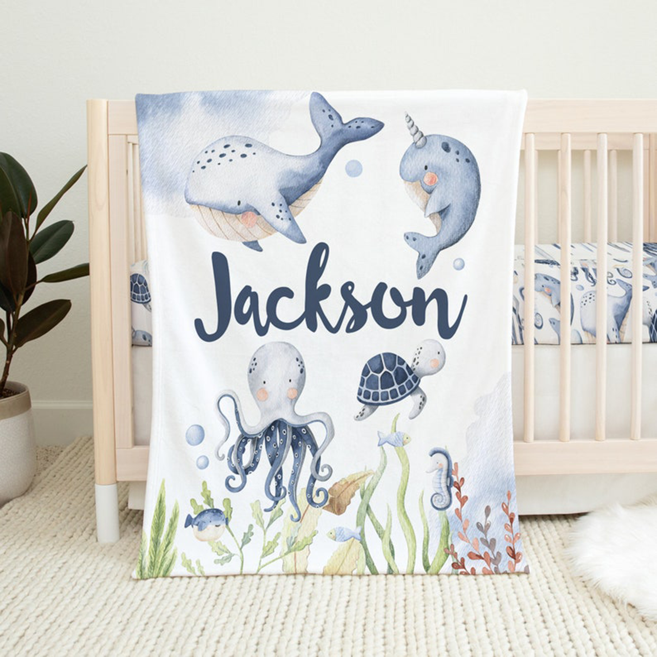 Personalized Ocean Baby Flannel Blanket