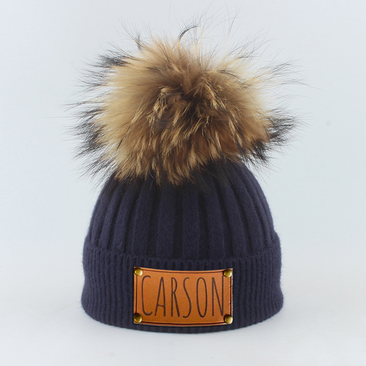 Personalized Knitted PomPom Hat(Vegan Leather Patch)