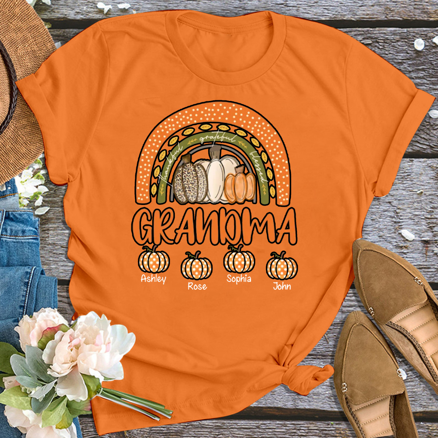 Three Pumpkins Thanksgiving Personalized Grandma Shirt 