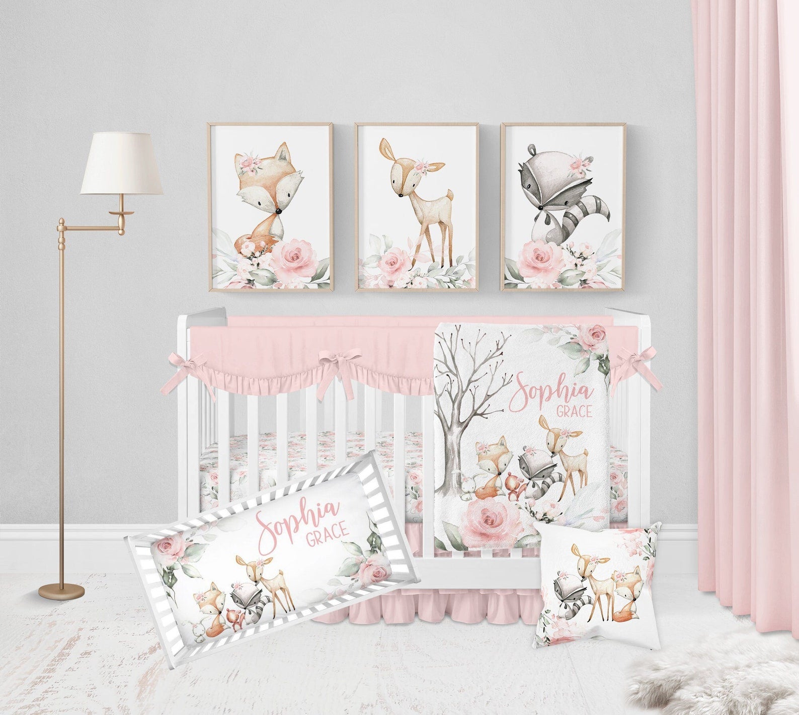 Personalized Pink Woodland Animal Baby Flannel Blanket