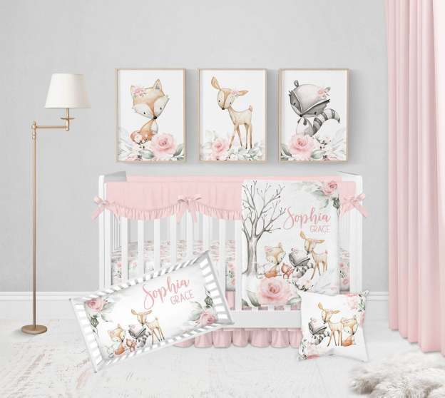 Personalized Pink Woodland Animal Baby Flannel Blanket