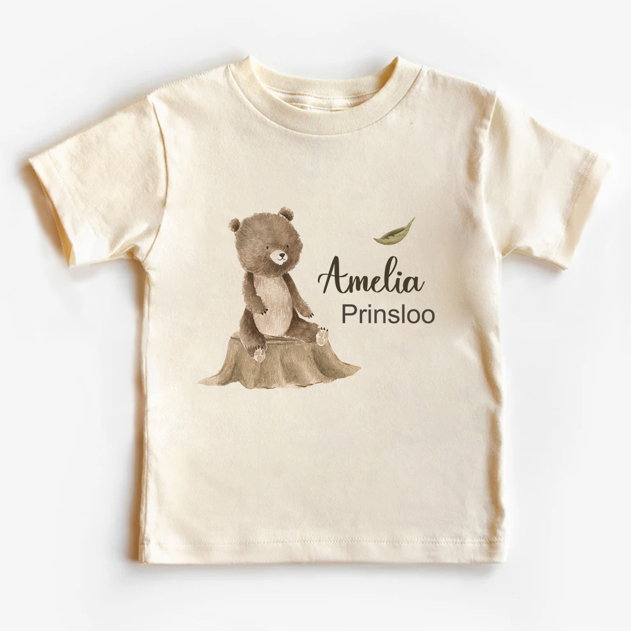Personalized Bear Cub Sitting On Tree Stump Shirt For Kids