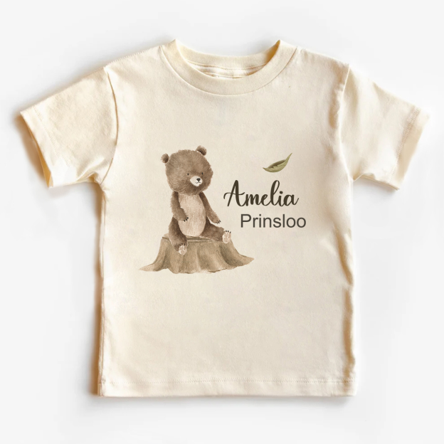 Personalized Bear Cub Sitting On Tree Stump Shirt For Kids