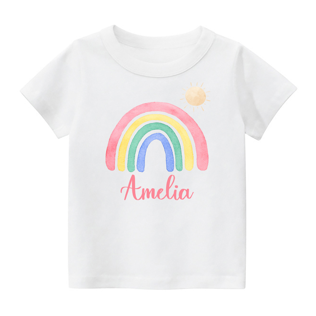 Personalized Pink Rainbow And Sun Kids T-Shirt