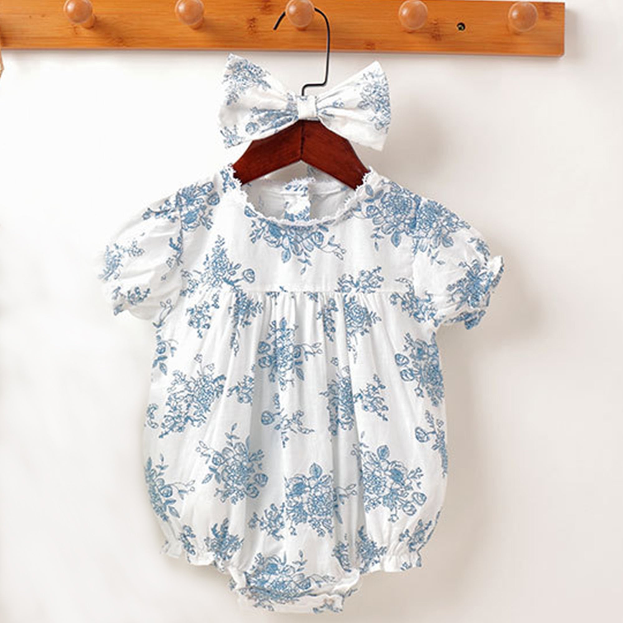 Baby Girl Summer Vintage Floral Jumpsuit with Headband