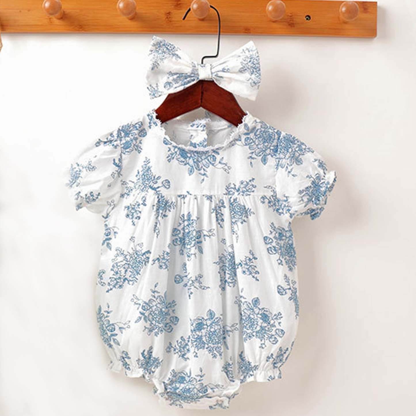 Baby Girl Summer Vintage Floral Jumpsuit with Headband
