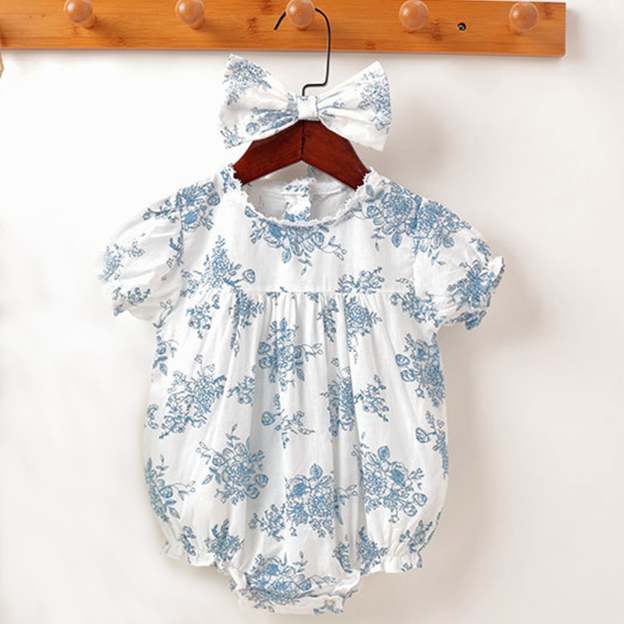 Baby Girl Summer Vintage Floral Jumpsuit with Headband