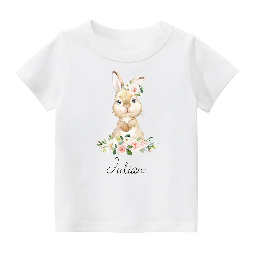 Personalized Cute Rabbit And Pink Flowers Kids T-Shirt