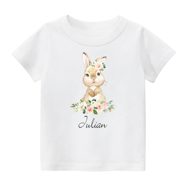 Personalized Cute Rabbit And Pink Flowers Kids T-Shirt