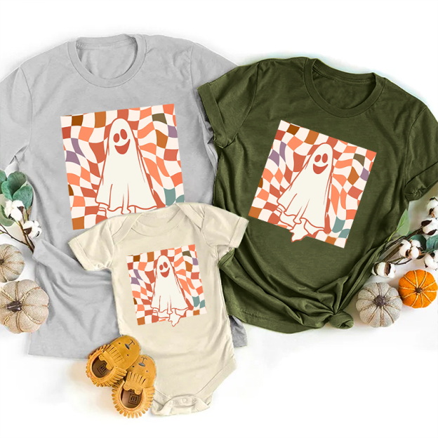 Retro Checkered Ghost Halloween Family Matching Shirts