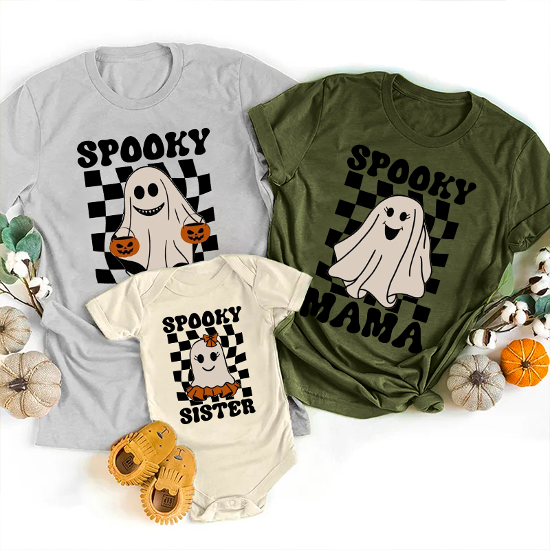 Checkerboard Pumpkin Ghost Halloween Family Matching Shirts