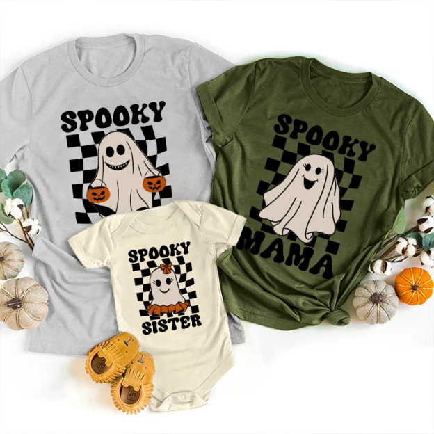 Checkerboard Pumpkin Ghost Halloween Family Matching Shirts