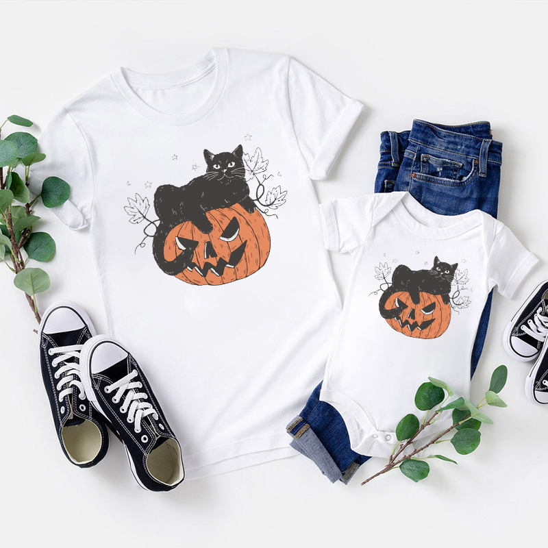 Vintage Pumpkin and Cat Halloween Matching Shirts