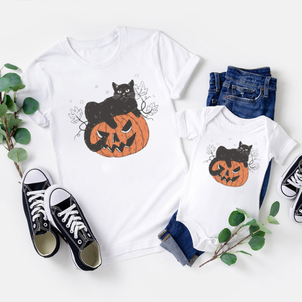 Vintage Pumpkin and Cat Halloween Matching Shirts