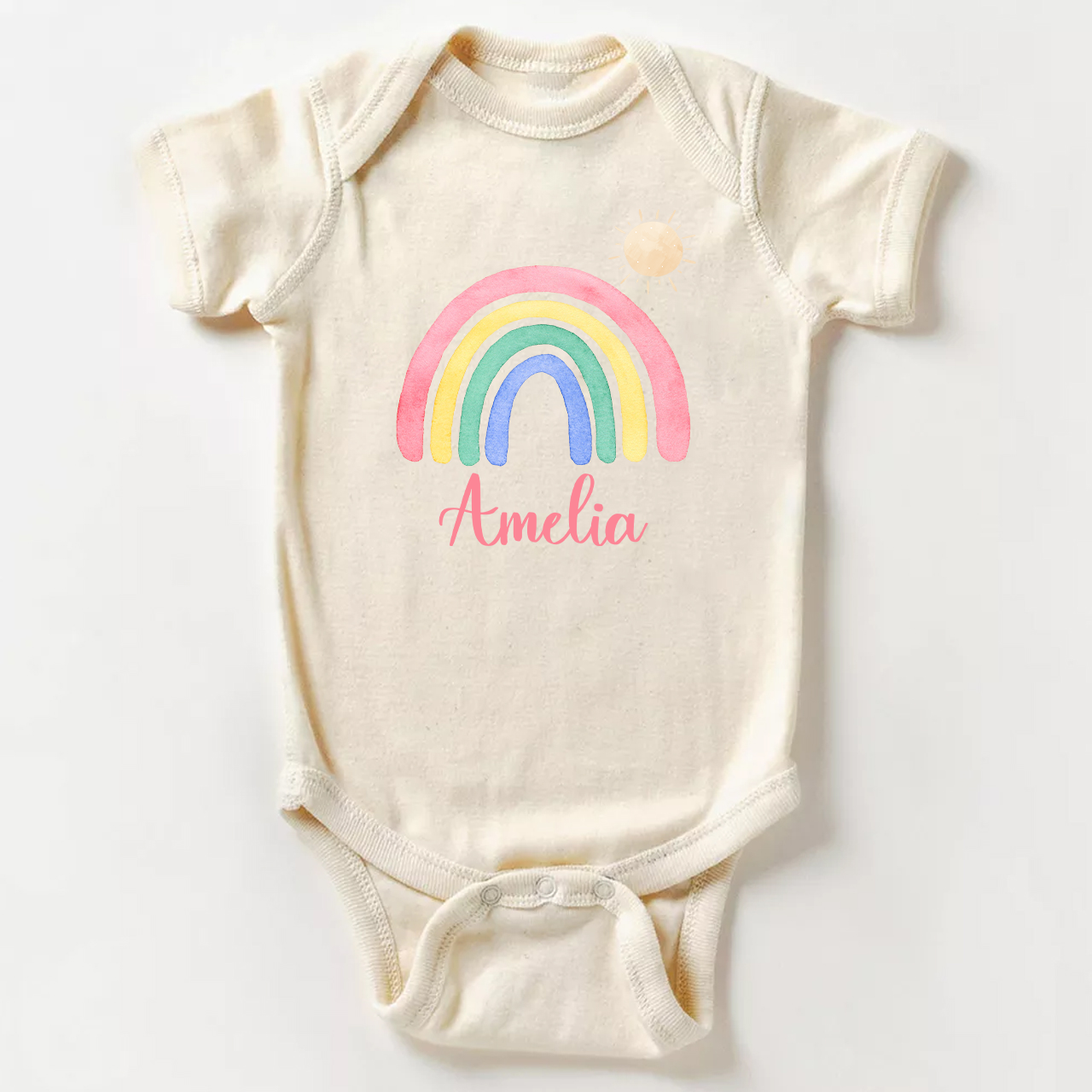 Personalized Pink Rainbow And Sun Baby Bodysuit