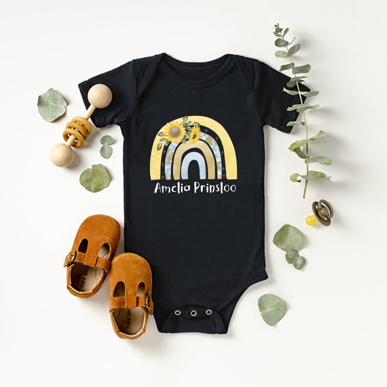 Personalized Yellow Rainbow Baby Bodysuit