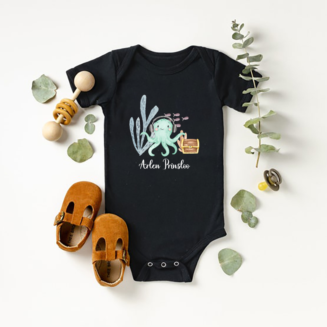 Personalized Octopus Listening To Music Baby Bodysuit